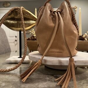 LUCKY BRAND Beige Leather Braided Bucket Drawstring Shoulder Bag